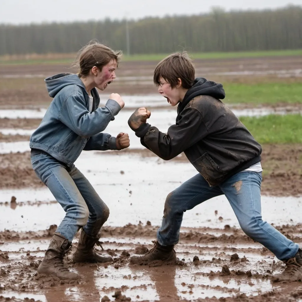 Prompt: Two teenagers are fighting very angry with fists in a muddy field on a cloudy day.