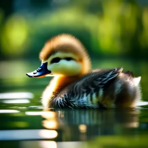 Prompt: In a sunny day, in a little lake surrounded by grass and trees a baby duck sleeps with its eyes closed happy floating in the water.