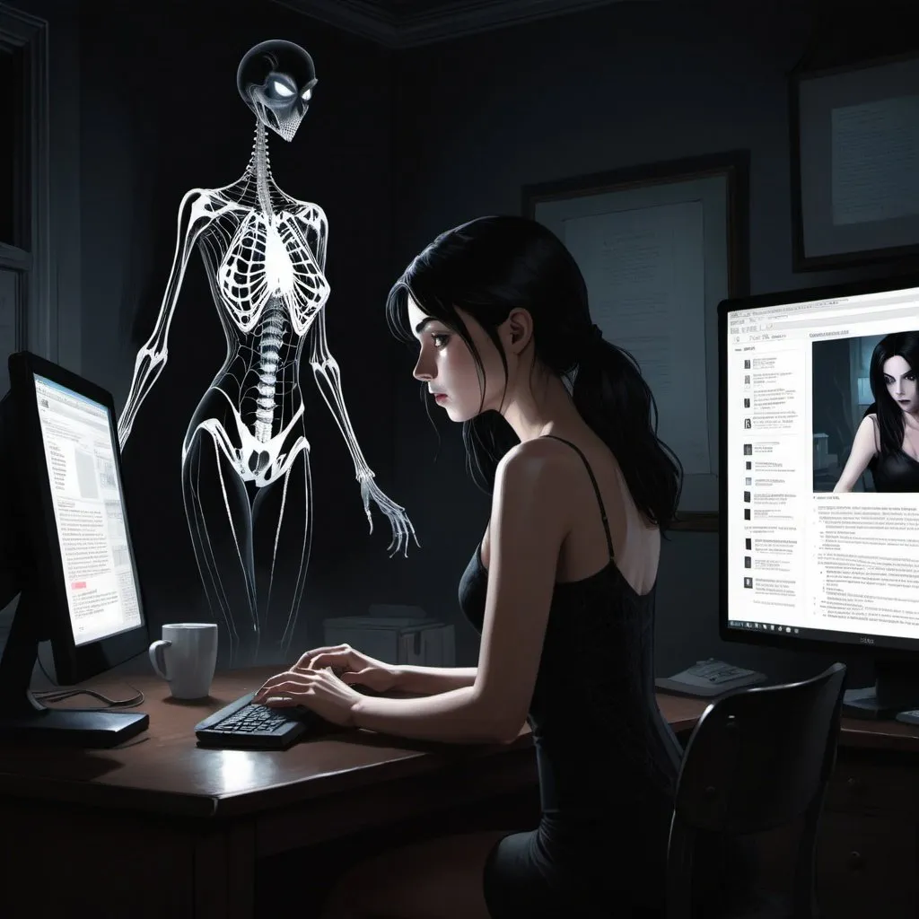 Prompt: In a dark room, a young, black-haired woman dressing a black camisole looks at her computer screen with a web page sitting at her desk. From a behind the woman a horrible ghostly figure tries to touch her shoulder.