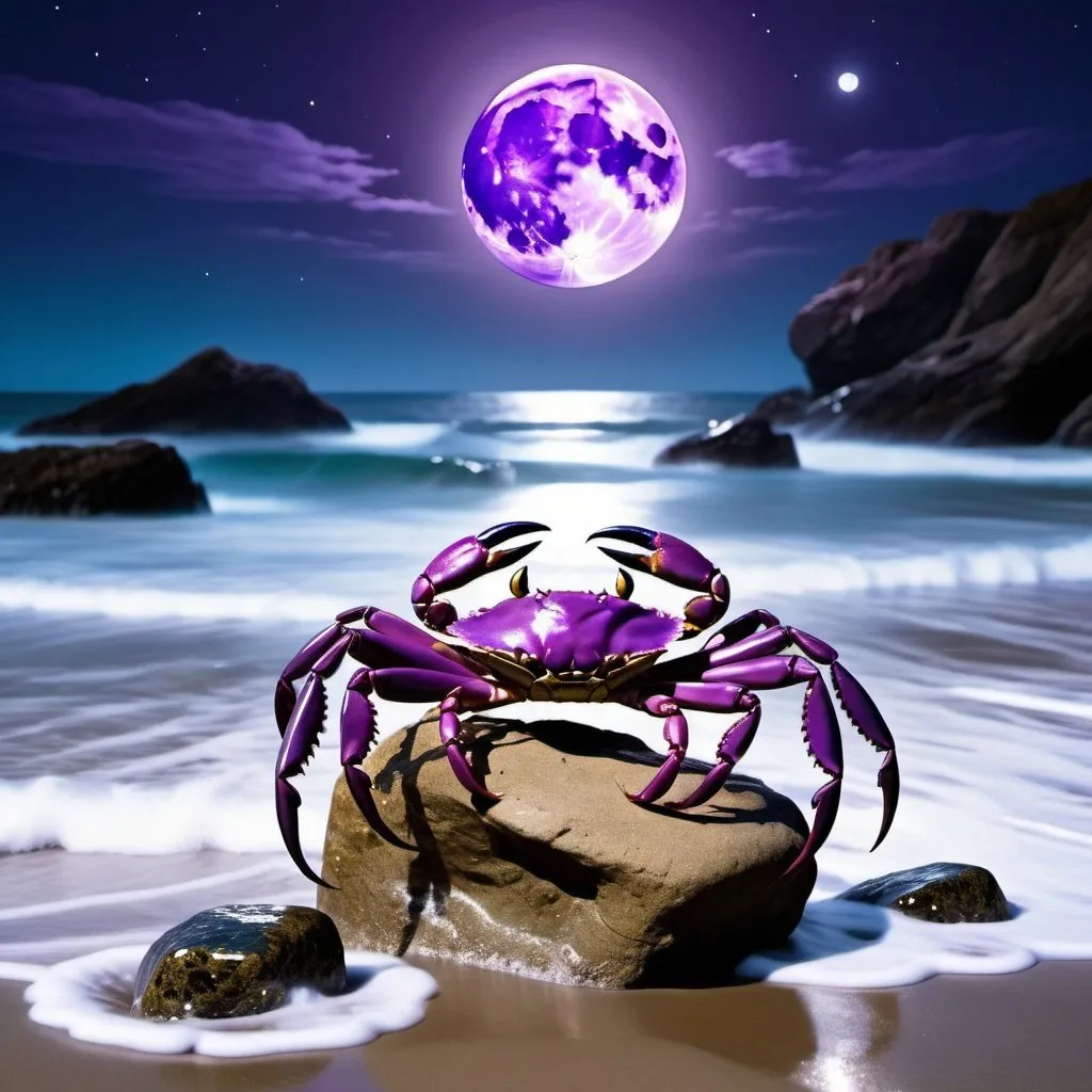 Prompt: In a beach with thall waves, in a clear night of full moon. A purple crab with its claws up looks the moon from a rock while the waves crush on the rocks.