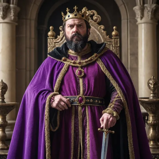Prompt: in a throne room,  a mid age man with black beard and dressed like a medieval king and a purple royal cloak is standing in front his throne with  serious look. In his head he is wearing a jester had. In his hand is wielding a jeweled sheathed sword.
