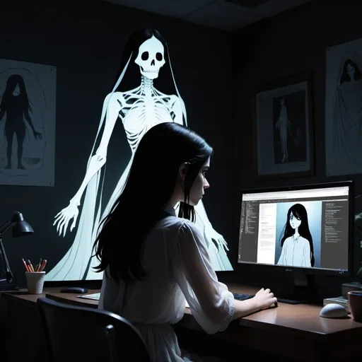 Prompt: In a dark room, a young, black-haired woman looks at her computer screen with desgins while sitting at her desk. From a behind the woman a horrible ghostly figure tries to touch her shoulder.