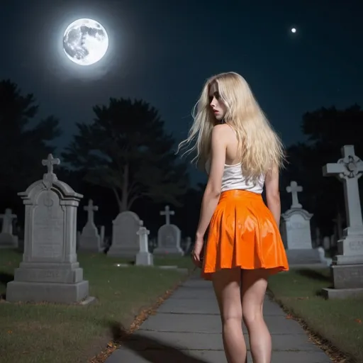 Prompt: A white blond woman with a very long hair walks in a cemetary from side point of view in night with full moon wearing a orange short skirt looking with fear in her face.