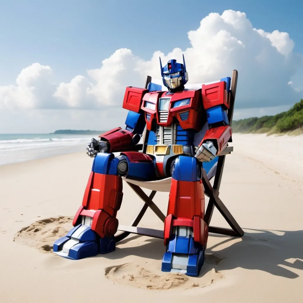 Prompt: in beach in cloud day, optimus prime see the landscape sitting in a beach chair.