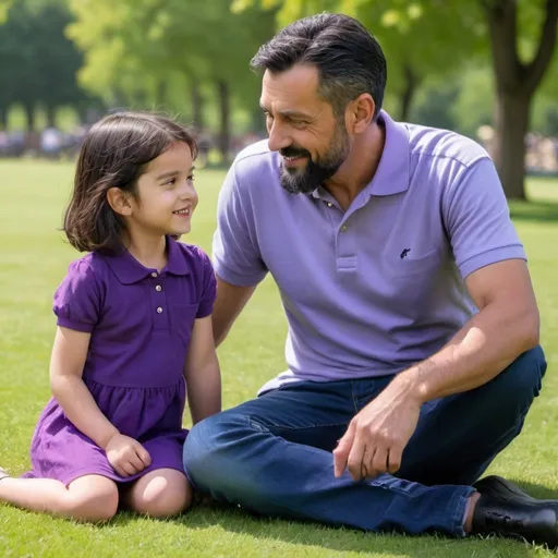 Prompt: in a sunny day, in a park, a mid age man with short black hair, short black beard and black eyes dressed with a polo purple shirt and jeans is sit on the grass and his litle daughter who have long and black hair and a blue dress. Both looking each other while smile..