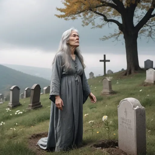 Prompt: In a cloud day, In the top of a hill there is a grave, a solitary mid age woman with a long gray hair and wearing a tunic leaves flowers on it and cries.