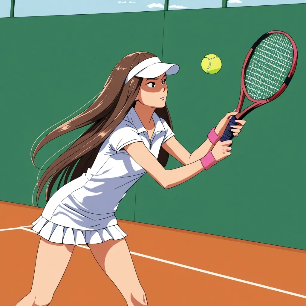 Prompt: a girl whith long hair play tennis
