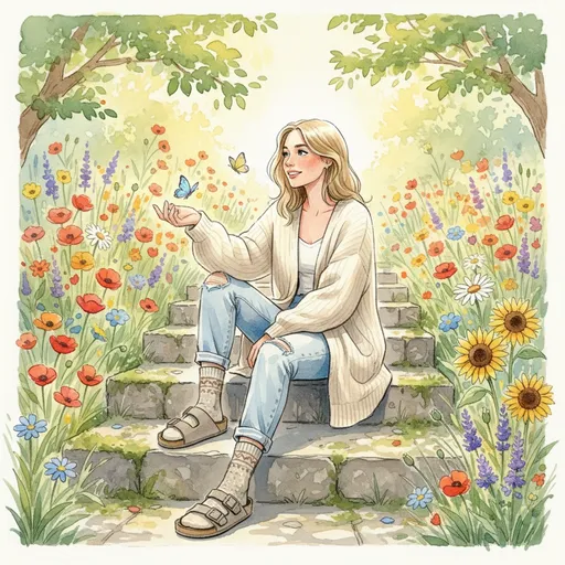 Prompt: A young white woman sits on steps leading into a garden smiling, wearing a long cardigan, jeans, wool socks within taupe two-strap Birkenstocks