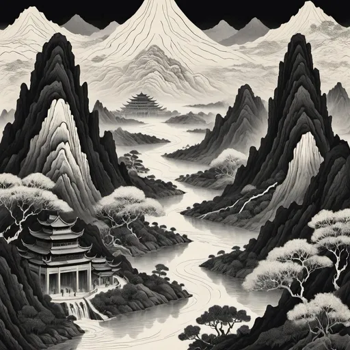 Prompt: The cover of the Chinese landscape, with dense black and white lines forming mountains and rivers, Diagonal composition, Vintage, whimsically, forest, Hanging Gardens of Babylon, Fantasy, Minimalist, Ink