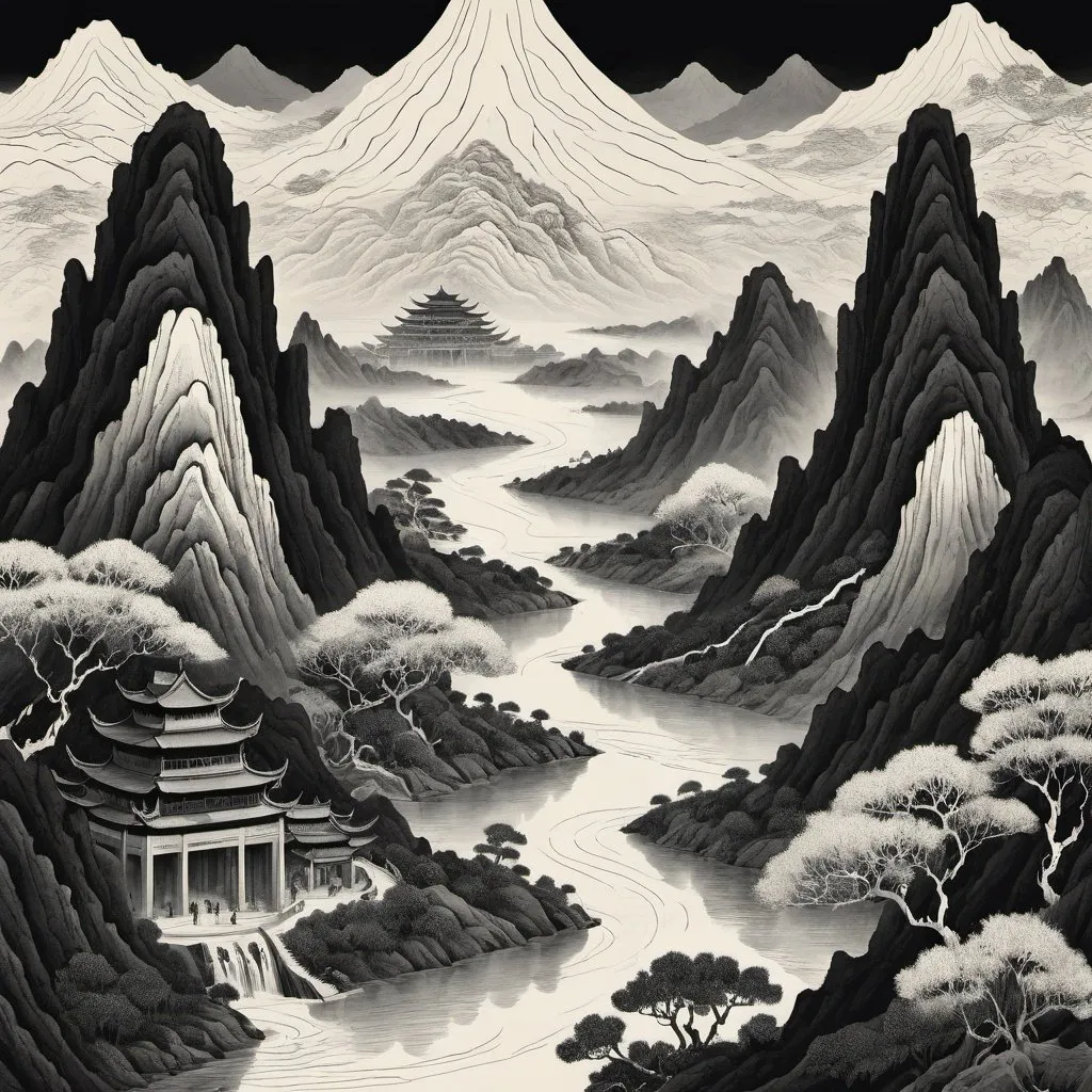 Prompt: The cover of the Chinese landscape, with dense black and white lines forming mountains and rivers, Diagonal composition, Vintage, whimsically, forest, Hanging Gardens of Babylon, Fantasy, Minimalist, Ink