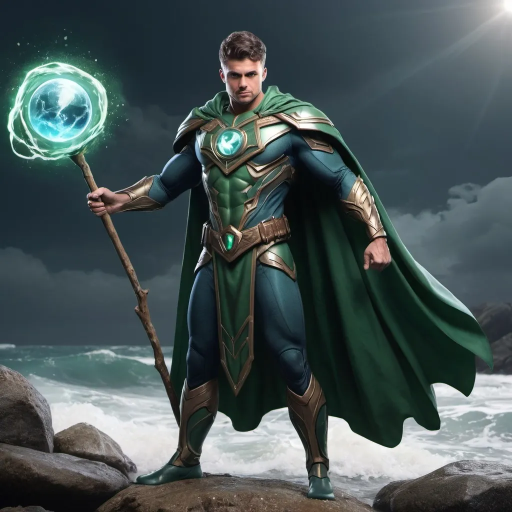 Prompt: create an image of a male superhero called tidewarden with eco friendly features wielding a staff with a magic stone at the end.