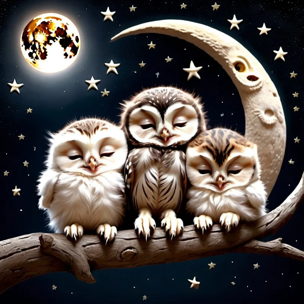 Prompt: Baby owls and kittens sleeping together under the moon and the stars.  Extremely photo realistic 