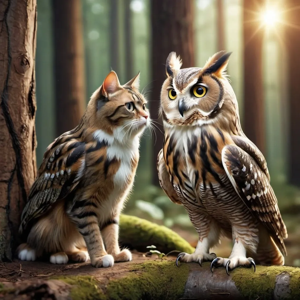 Prompt: A cat and an owl playing together in a forest.  Extremely photo realistic 