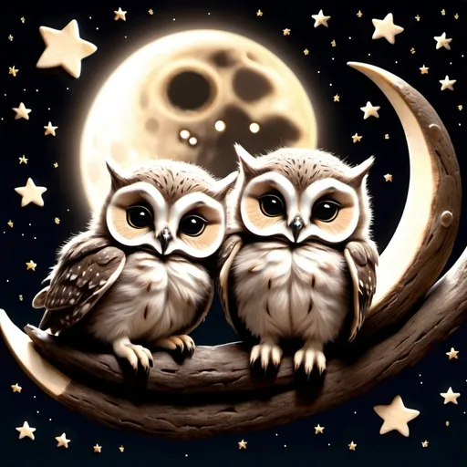 Prompt: A bunch of baby owls and kittens sleeping under the moon and stars at night.  Extremely photo realistic 