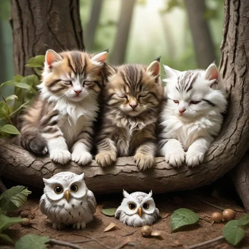 Prompt: A bunch of kittens and baby owls sleeping together under a tree in the woods.  Extremely photo realistic