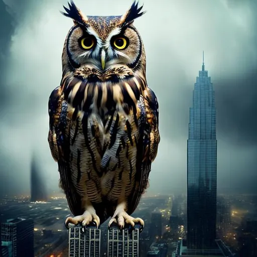 Prompt: An owl on top of a skyscraper with a tornado behind the owl.  Extremely photo realistic