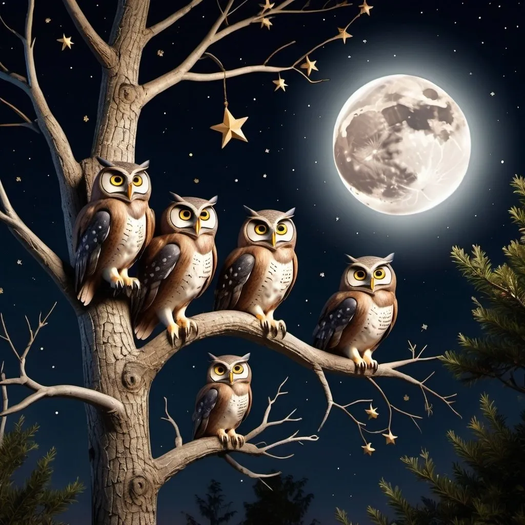 Prompt: A group of owls nesting high up in a tree at night with the moon and stars in the sky.  Extremely photo realistic 