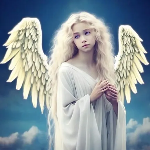 Prompt: The most beautiful angel in the world with long flowing slightly curly blonde hair and a perfect face with a pair of perfect wings gently flying down to the ground