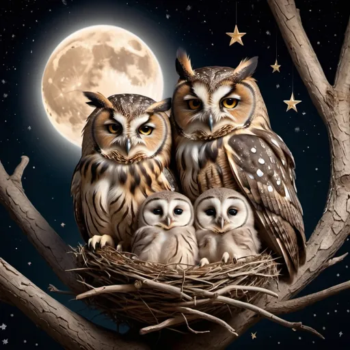 Prompt: A mother owl, a father owl and a baby owl all sleeping together peacefully in a nest high in a tree with the moon and some stars in the background.  Extremely photo realistic