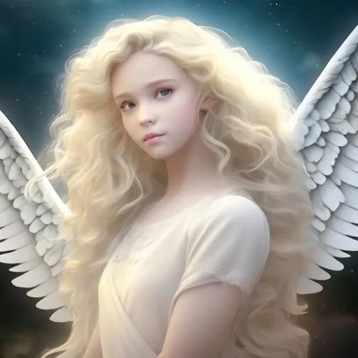 Prompt: The most beautiful angel in the world with long flowing slightly curly blonde hair and a perfect face with a pair of perfect wings gently flying down to the ground