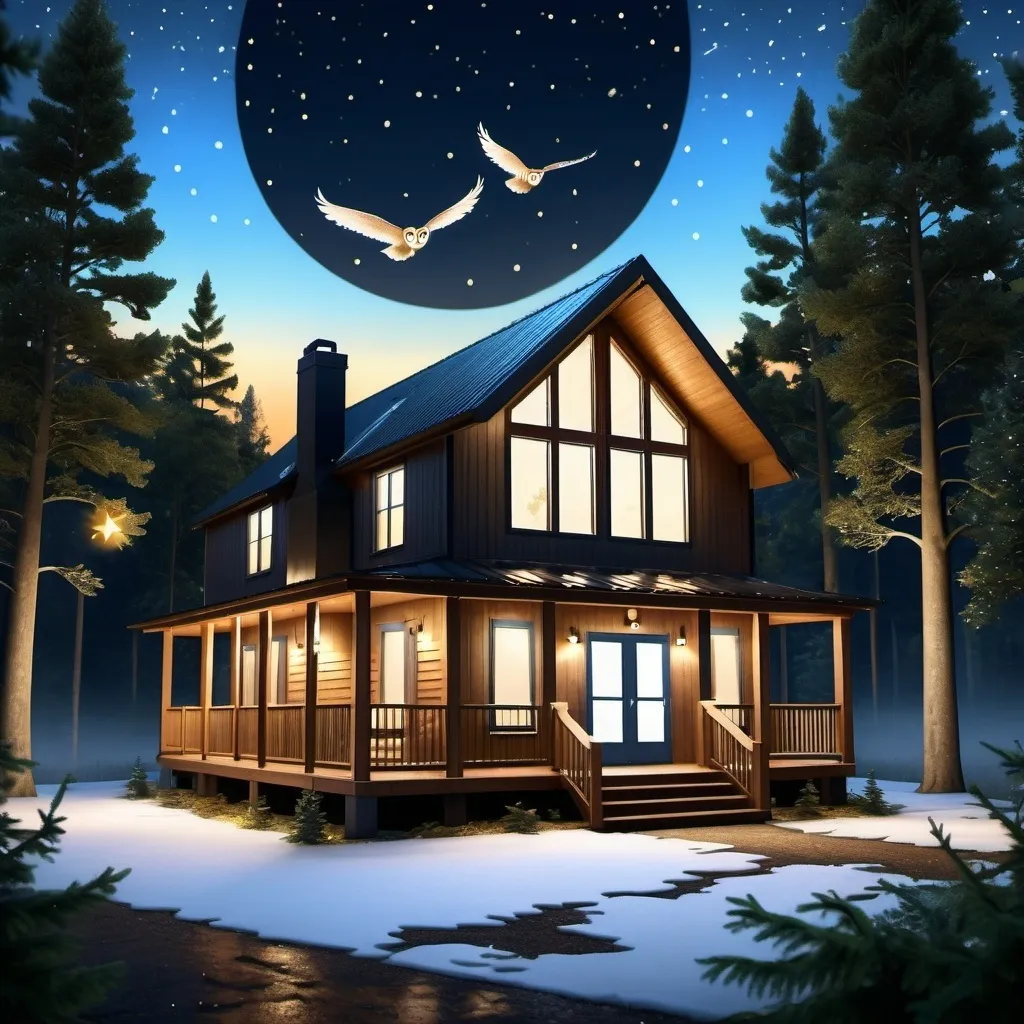 Prompt: A beautiful 3 bedroom modern cabin-like modular home at night in the woods with a beautiful angel with long flowing blonde hair flying above the home and also an owl flying over the home as well.  Extremely photo realistic 