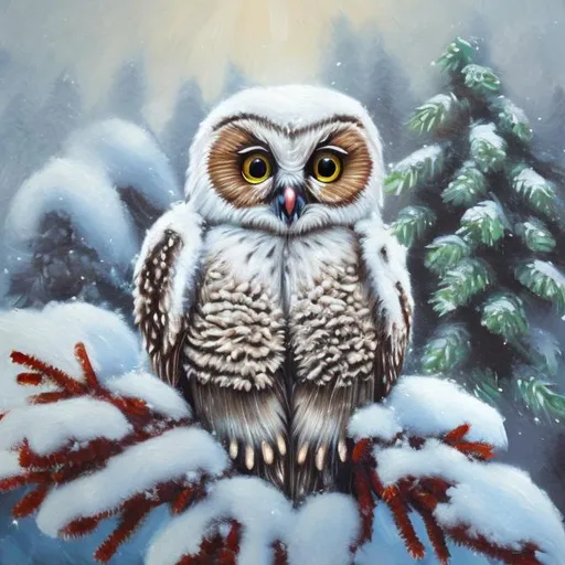 Prompt: A very realistic oil painting of a baby snow owl in a snow covered pine tree in the woodd