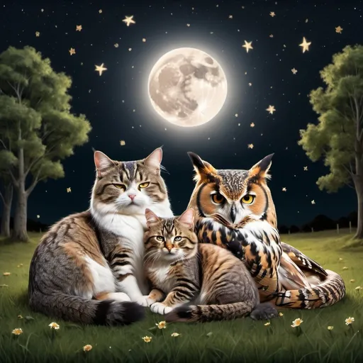 Prompt: A field full of both cats and owls sleeping together peacefully at night with the moon and stars in the sky and trees in the background and on either side of the field.  Extremely photo realistic 