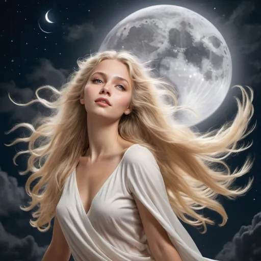 Prompt: The most beautiful angel with long flowing blonde hair flying across the night sky with a full moon in the background.  Extremely photo realistic 