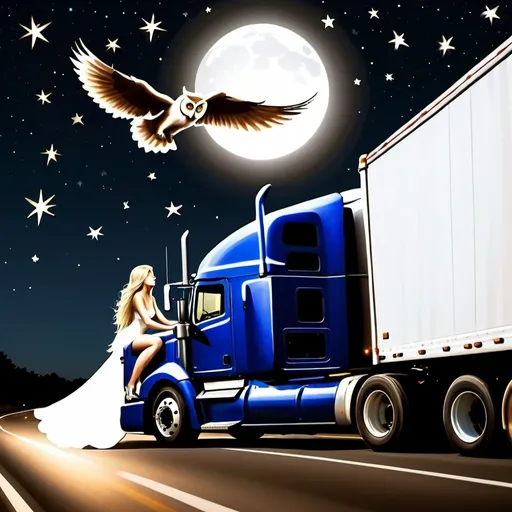 Prompt: A tractor trailer heading down the highway at night with the moon and the stars in the sky.  There is also a beautiful angel with long flowing blonde hair flying above the tractor trailer and also an owl flying above the tractor trailer.  Extremely photo realistic 