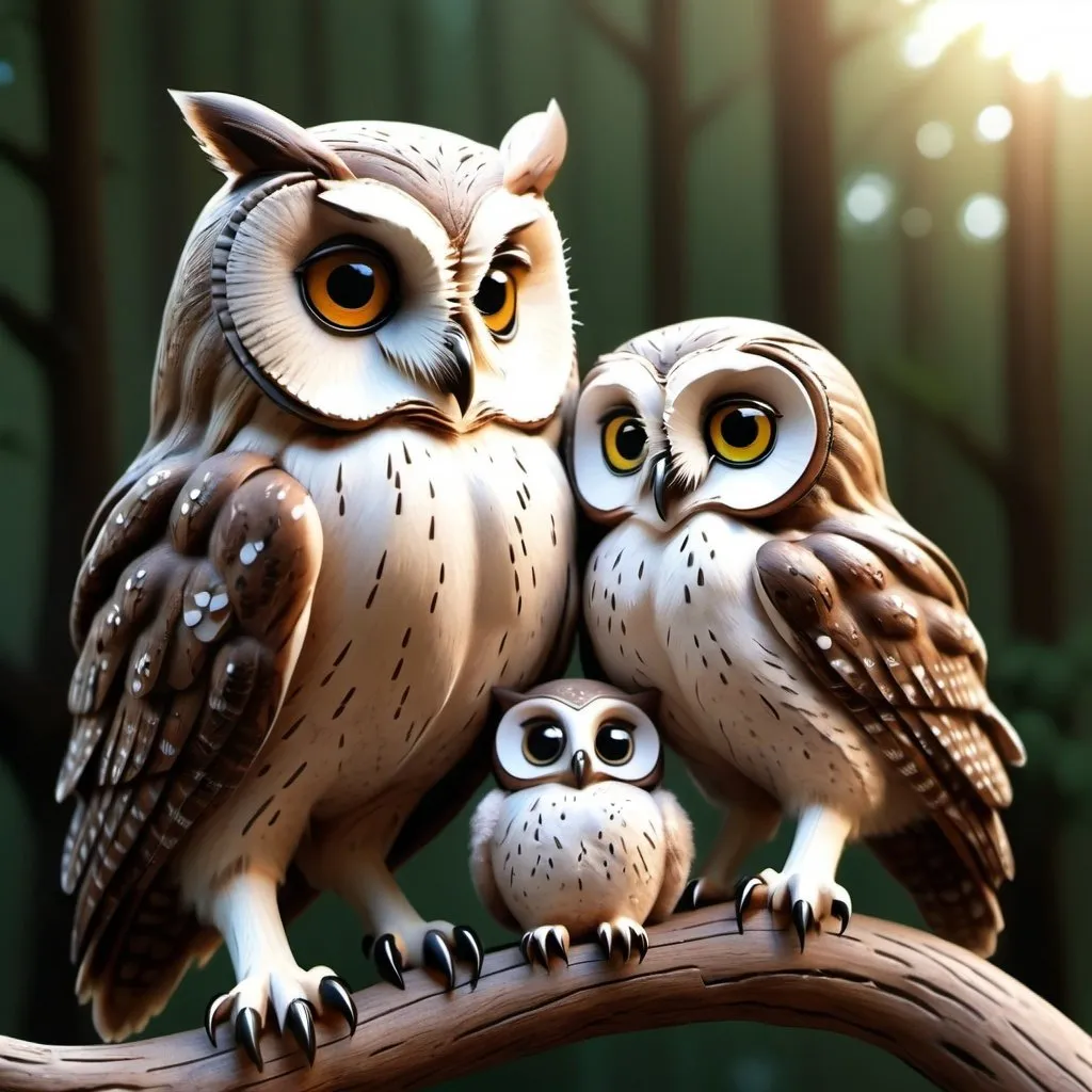 Prompt: A grandmother and mother owl taking care of a baby owl.  Extremely photo realistic 