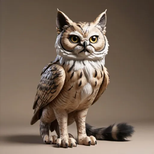 Prompt: An entirely new creature.  A cat's body and tail, but with the head of an owl.  Extremely photo realistic 