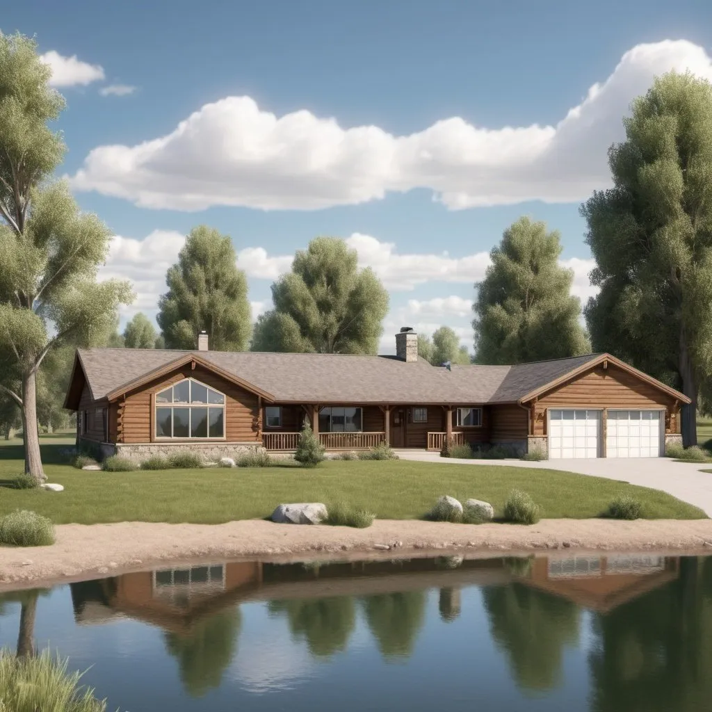 Prompt: A beautiful 3 bedroom/2 bathroom rancher style house in a country setting in Wyoming with trees and bushes and a lake off to one side of the home.  Extremely photo realistic