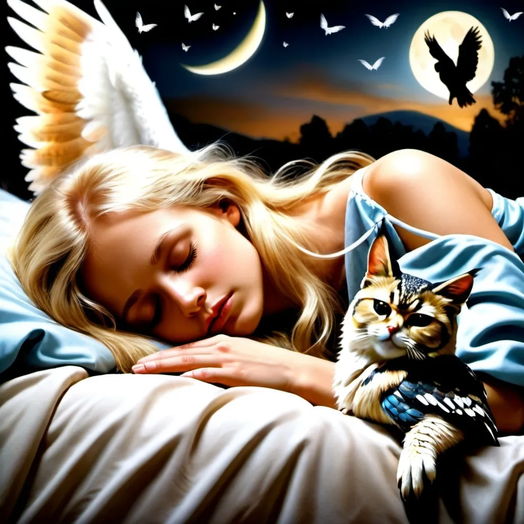 Prompt: A beautiful angel with long flowing blonde hair sleeping on a bed and there is also an owl and a kitten sleeping next to her.  Extremely photo realistic 