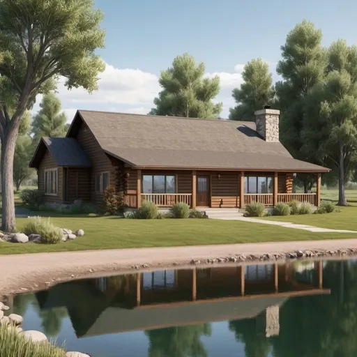 Prompt: A beautiful 3 bedroom/2 bathroom rancher style house in a country setting in Wyoming with trees and bushes and a lake off to one side of the home.  Extremely photo realistic
