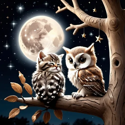 Prompt: A kitten and a baby owl sleeping under a tree at night with the moon and the stars in the sky.   Extremely photo realistic