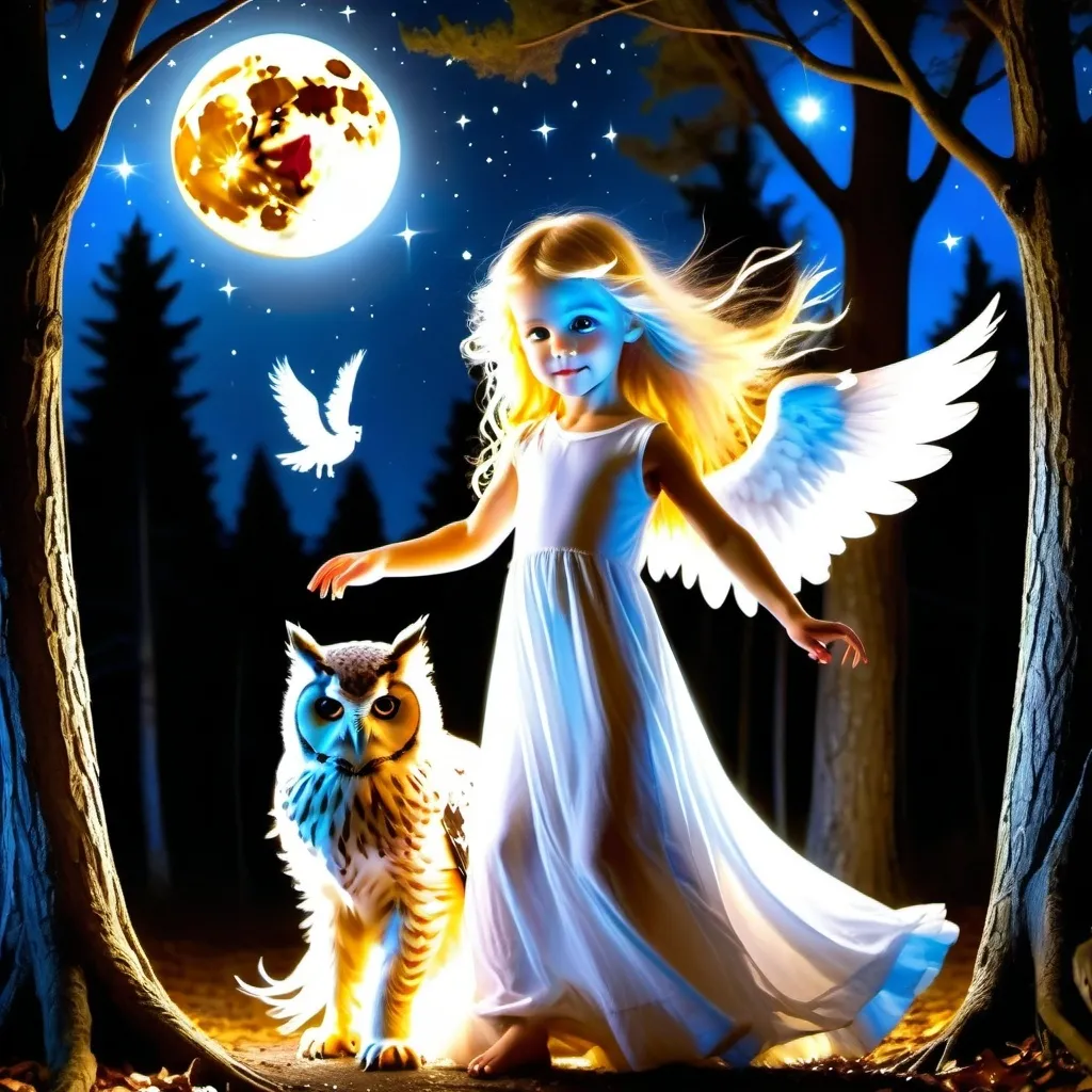 Prompt: A beautiful angel with long flowing blonde hair playing tag with a kitten and an owl in the woods at night with the moon and the stars in the sky.  Extremely photo realistic 