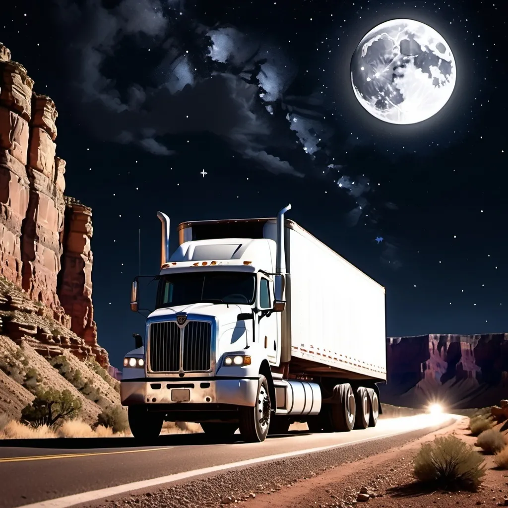 Prompt: A tractor trailer beside the Grand Canyon at night under the moon and stars.  Extremely photo realistic 