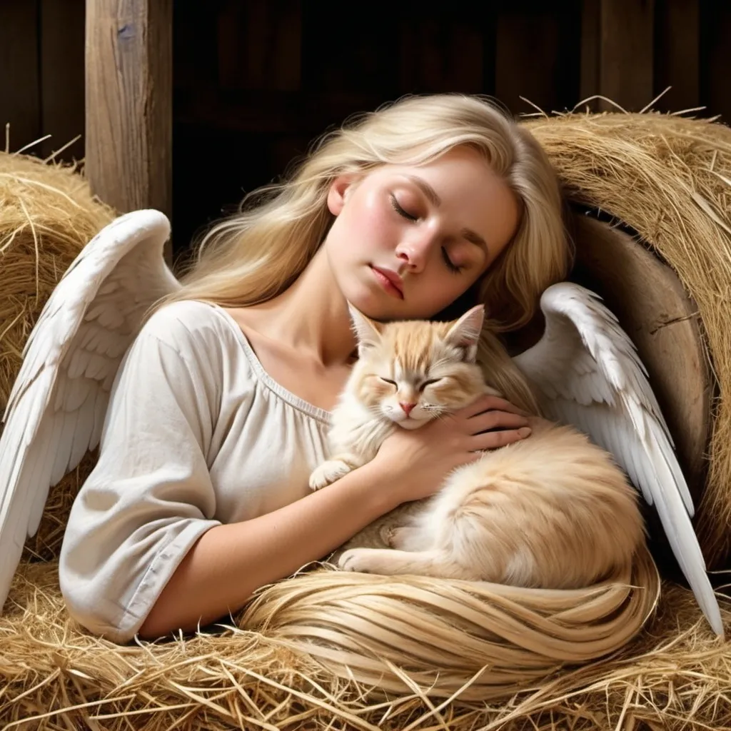 Prompt: A beautiful angel with long flowing blonde hair sleeping on a pile of hay in a barn with a sleeping kitten and a sleeping owl beside her.  Extremely photo realistic