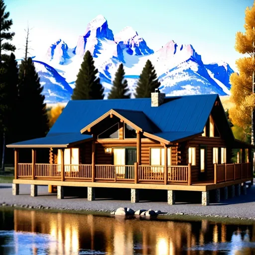 Prompt: A beautiful modern 3 bedroom log cabin modular home with a porch in Wyoming near trees with a mountain range in the distance behind the cabin and a river in between the cabin and mountain range.  Extremely photo realistic 
