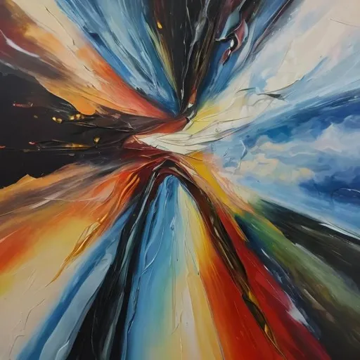 Prompt: The most abstract oil painting of the collision of absolute nothing and the entirety of all of space and time