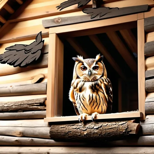 Prompt: An owl looking out of a big widow inside of a log cabin.  Extremely photo realistic