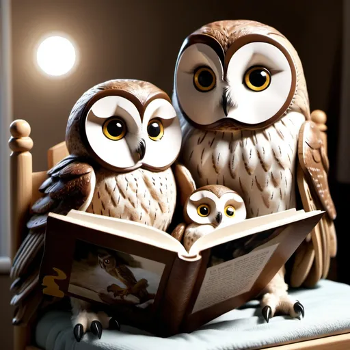 Prompt: A mother owl reading a bedtime story to her baby owl who is laying down in a crib.  Extremely photo realistic 