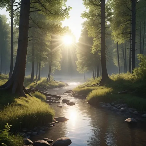 Prompt: Early morning scene in a forest by a river with the sun rising.  Extremely photo realistic 