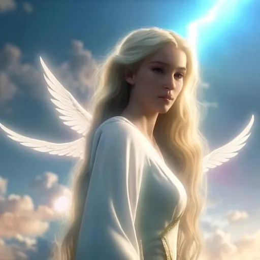 Prompt: The most beautiful female angel with wings coming down to Earth from Heaven with long flowing blonde hair and a halo on her head.  Side profile not showing her face with her head turned to the right side. Extremely photo realistic 