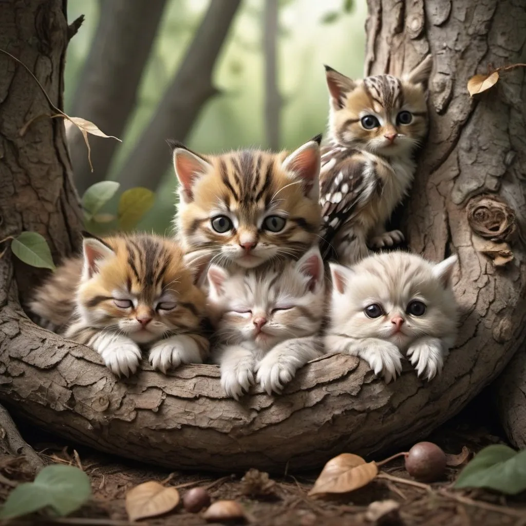 Prompt: A bunch of kittens and baby owls sleeping together under a tree in the woods.  Extremely photo realistic