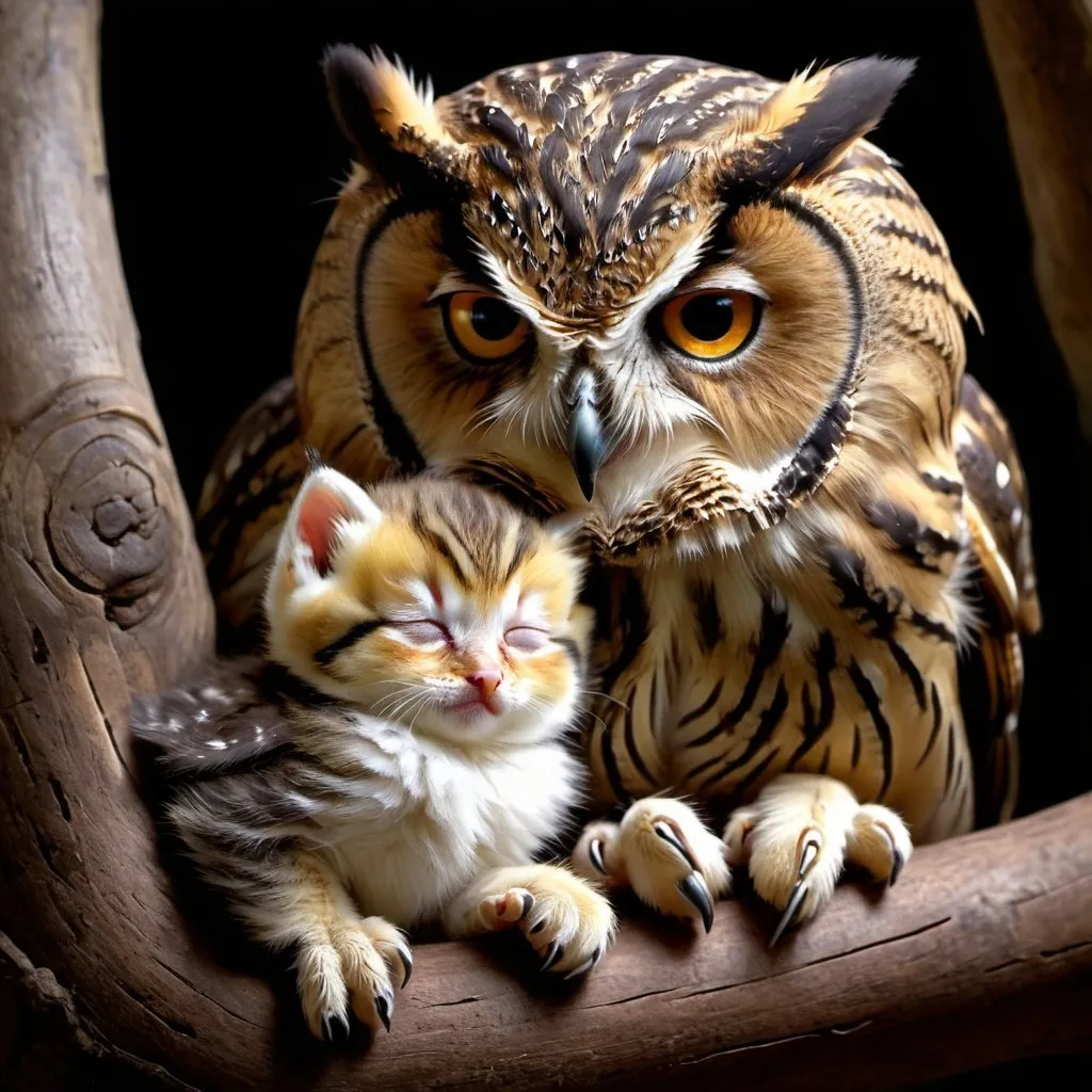 Prompt: A mother owl looking over a baby kitten while he's sleeping.  Extremely photo realistic 