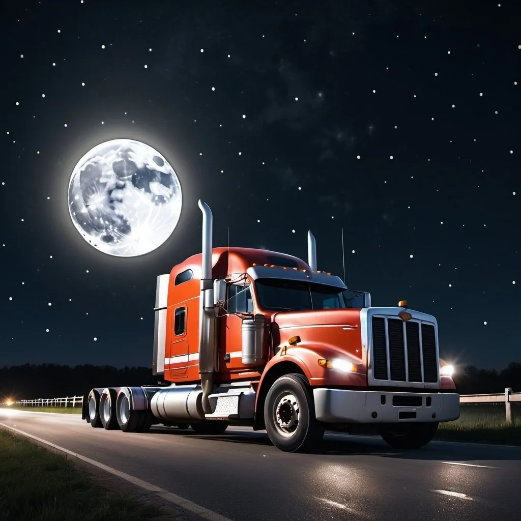 Prompt: Tractor trailer parked at night with the moon and stars in the sky.  Extremely photo realistic