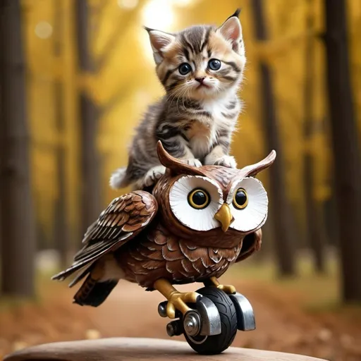 Prompt: A kitten riding an owl like a person would ride a horse.  Extremely photo realistic 