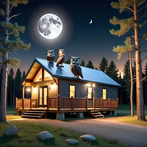 Prompt: A beautiful 3 bedroom cabin modular style home in the woods of Wyoming with an owl perched on the roof.  Late at night with the moon and the stars in the sky.  Have an 18 wheel tractor trailer combination vehicle parked about 20 feet next to the home.  Extremely photo realistic 