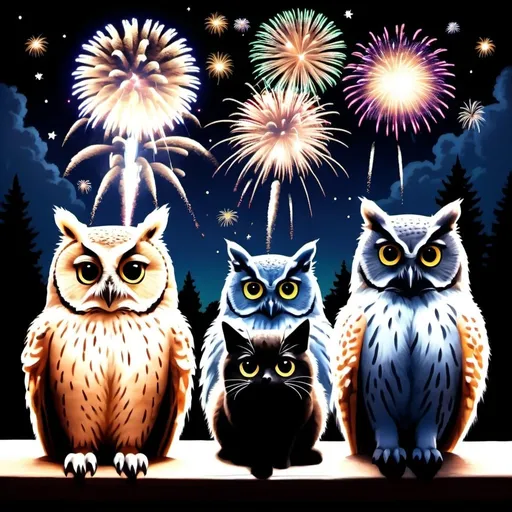 Prompt: A few owls and cats sitting down with their backs facing staring up watching fireworks going off in the night sky.  Extremely photo realistic 